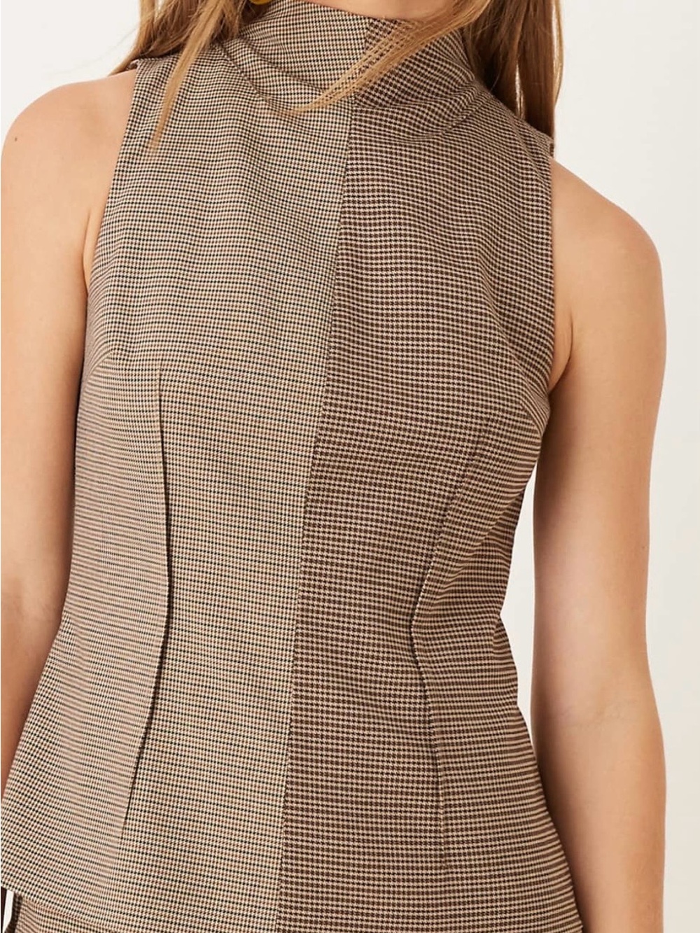 ASOS One-Shoulder Houndstooth Shell in Brown/Black
